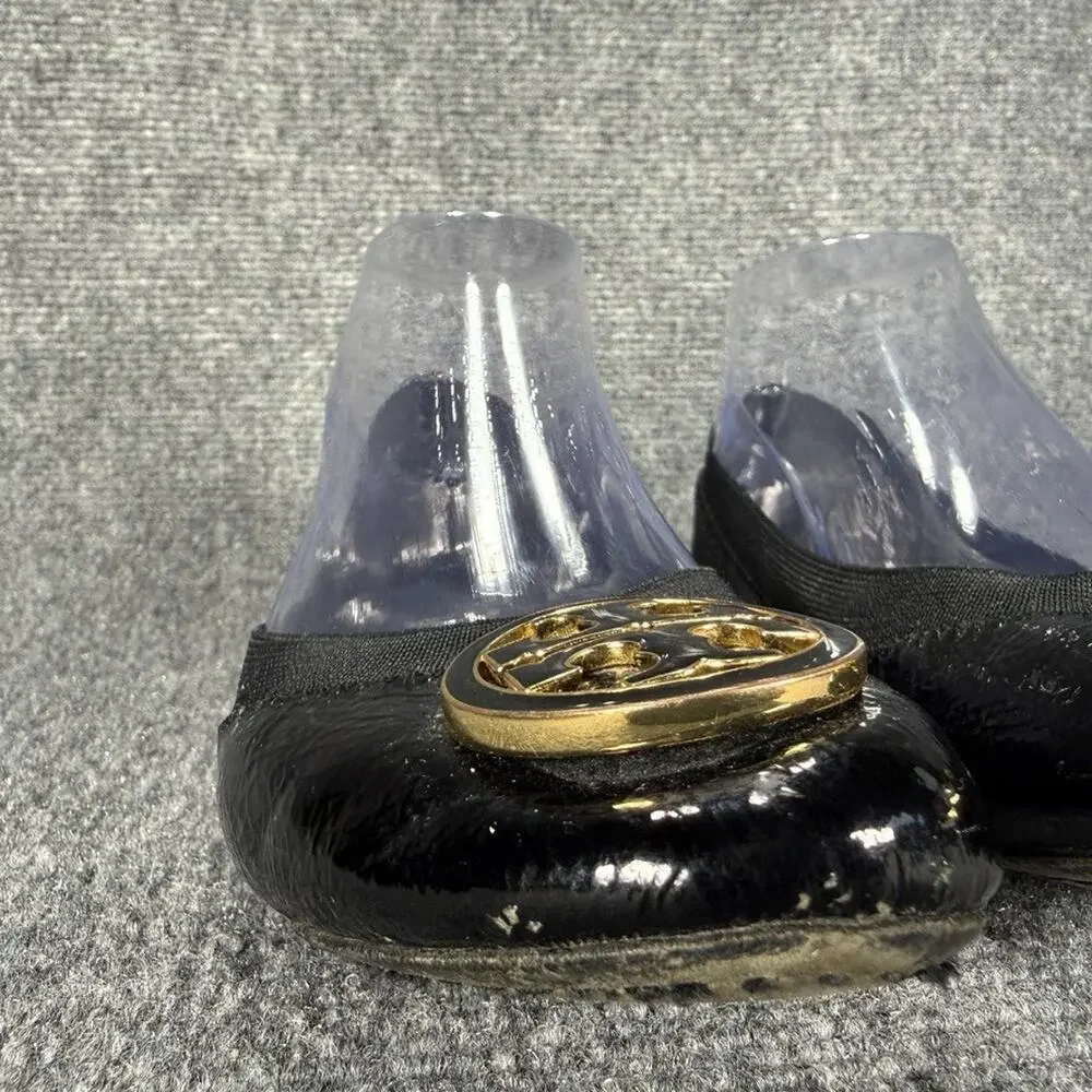 Tory Burch Caroline Ballet Flats Womens 7 Black Patent Leather Gold Medallion